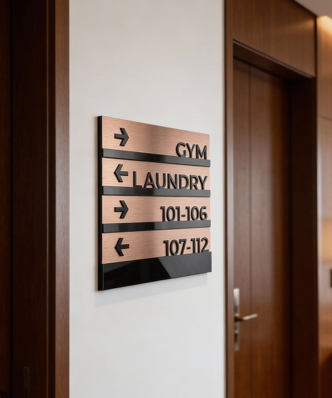 ALUMADESIGNCO Bronze Modern wall plaque wayfinding sign with elegant directional text, premium signage for offices, hotels, apartments, and contemporary interiors