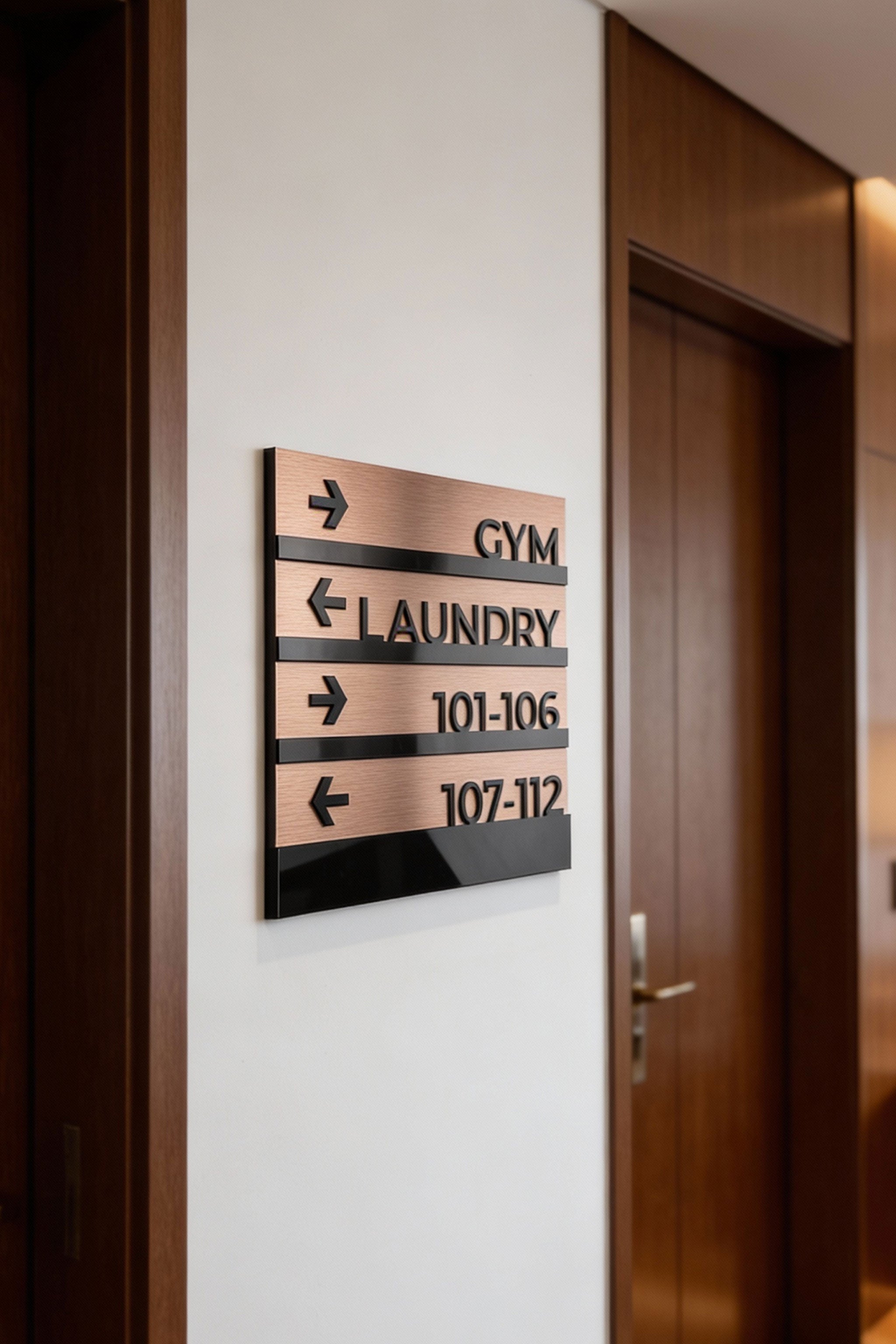 ALUMADESIGNCO Bronze Modern wall plaque wayfinding sign with elegant directional text, premium signage for offices, hotels, apartments, and contemporary interiors