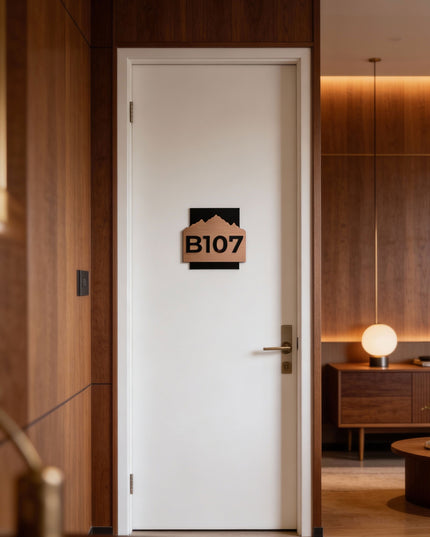 ALUMADESIGNCO Alpine Design bronze door number sign with minimalist modern style, elegant signage for hotels, apartments, Airbnb, and offices