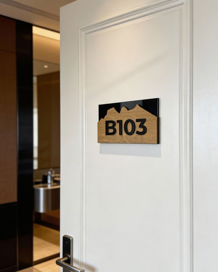 ALUMADESIGNCO Alpine Design birch plywood apartment door number sign with black acrylic glass numbers, modern wood door signage for apartments, hotels, and Airbnb interiors