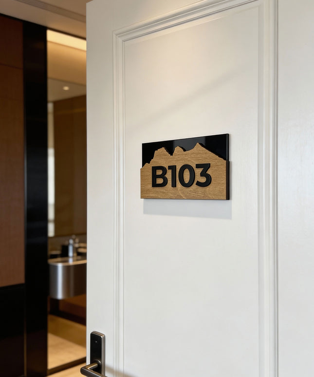 ALUMADESIGNCO Alpine Design birch plywood apartment door number sign with black acrylic glass numbers, modern wood door signage for apartments, hotels, and Airbnb interiors