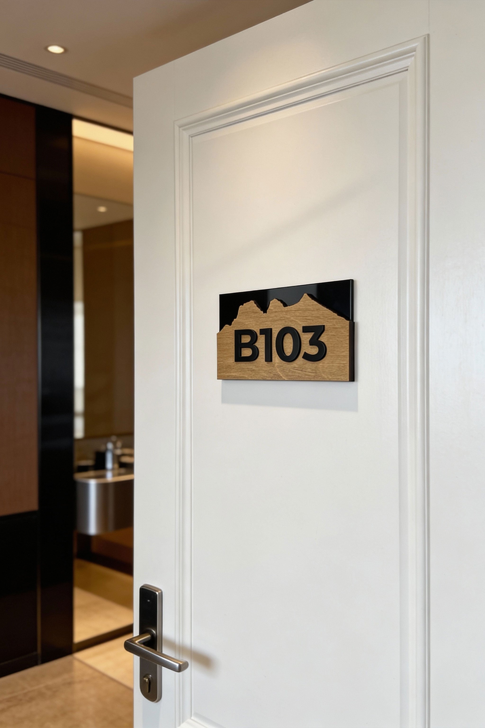 ALUMADESIGNCO Alpine Design birch plywood apartment door number sign with black acrylic glass numbers, modern wood door signage for apartments, hotels, and Airbnb interiors