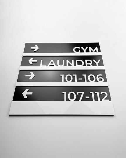 ALUMADESIGNCO premium wall plaque wayfinding sign with minimalist modern style, directional signage for offices, hotels, apartments, and commercial interiors