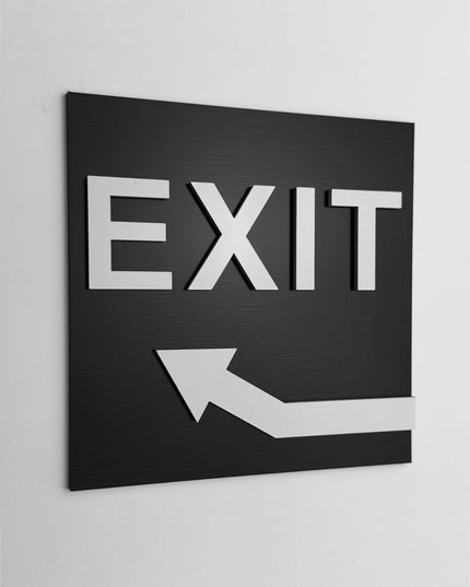 ALUMADESIGNCO exit arrow sign upstairs with modern directional design, premium wayfinding signage for offices, hotels, apartments, and commercial interiors