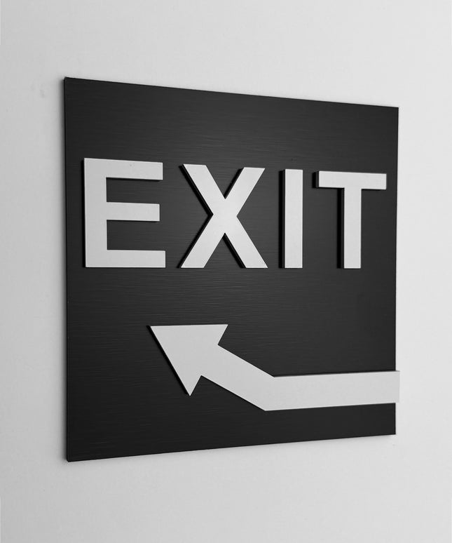 ALUMADESIGNCO exit arrow sign upstairs with modern directional design, premium wayfinding signage for offices, hotels, apartments, and commercial interiors