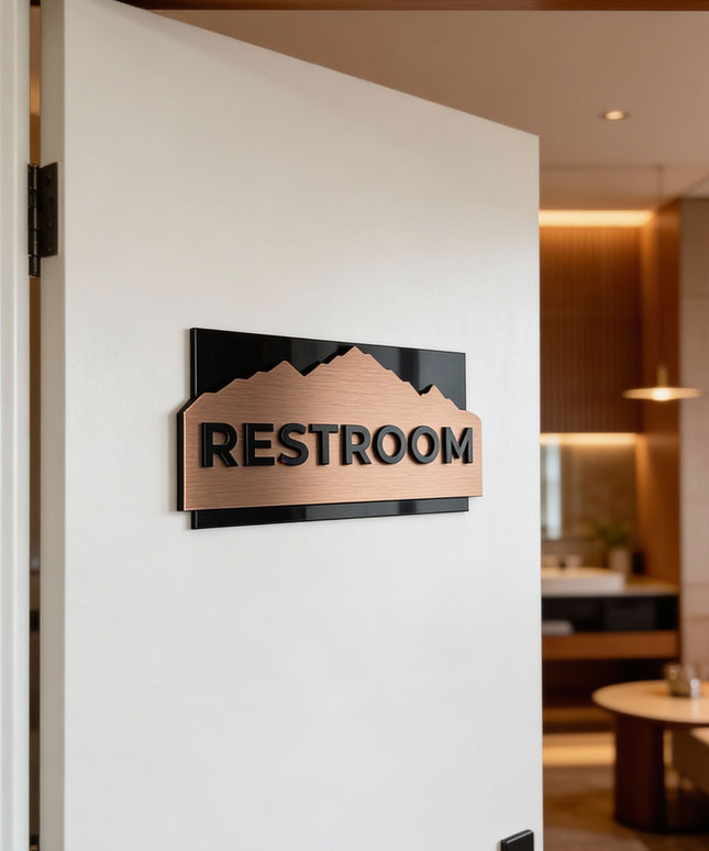ALUMADESIGNCO custom interior door sign with brushed bronze plaque and black acrylic lettering, modern signage for offices, hotels, apartments, and contemporary interiors