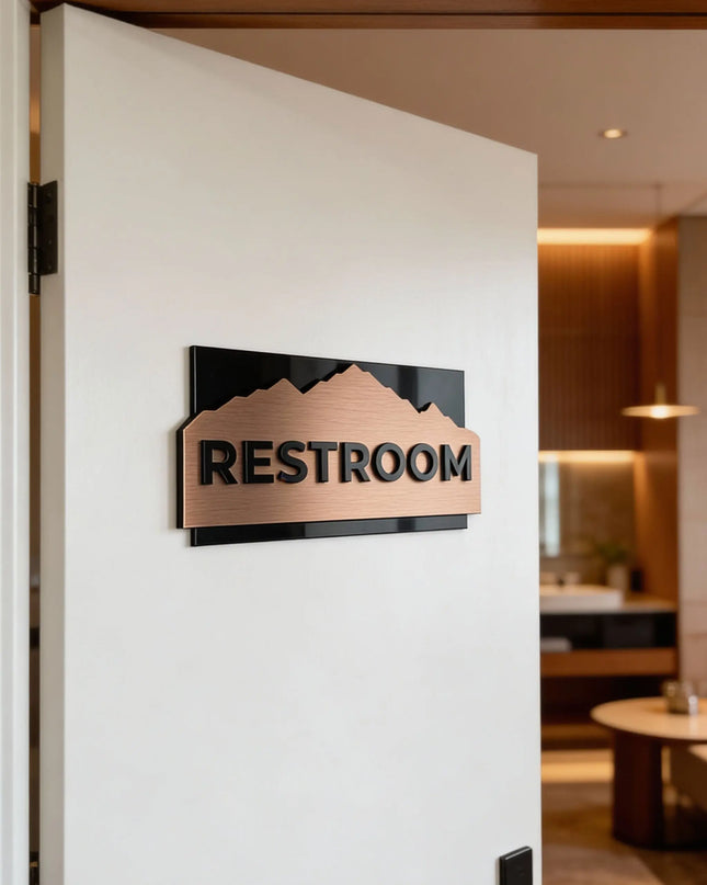 ALUMADESIGNCO custom interior door sign with brushed bronze plaque and black acrylic lettering, modern signage for offices, hotels, apartments, and contemporary interiors