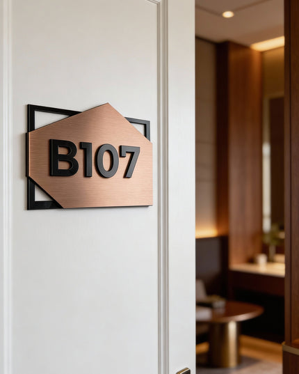 Brushed bronze hotel room signage by ALUMADESIGNCO featuring metal plaque and acrylic glass numbers, modern door number sign for hospitality interiors