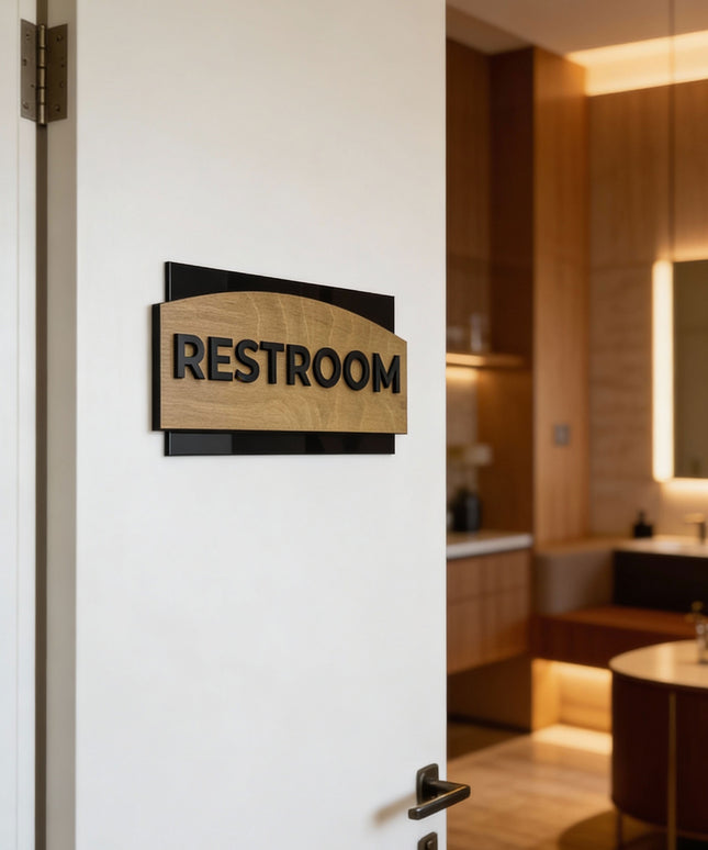 ALUMADESIGNCO designer door plaque with birch wood finish and black acrylic text, custom signage for offices, hotels, apartments, and modern interiors