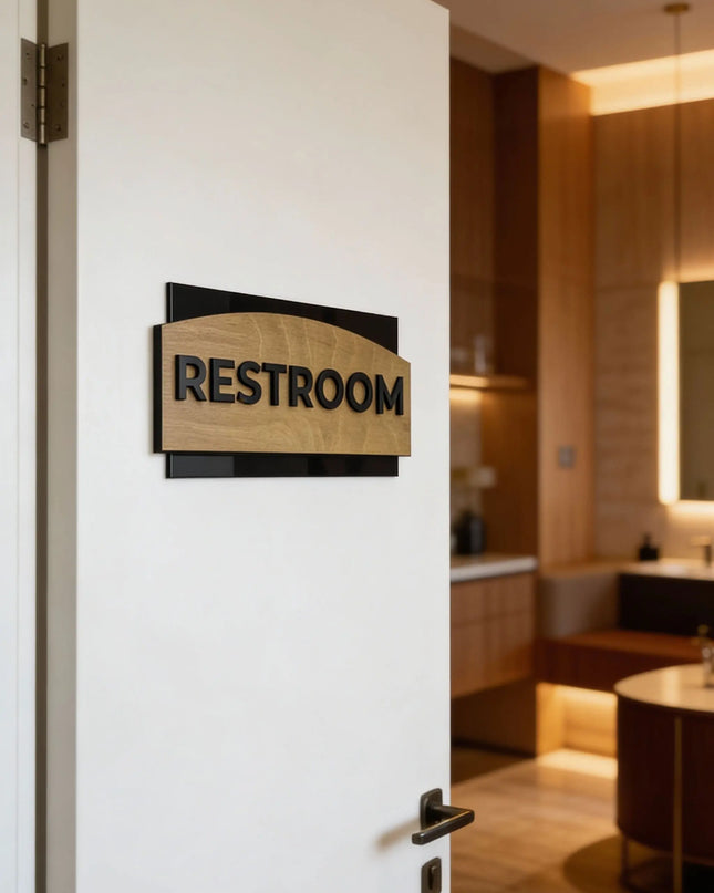 ALUMADESIGNCO designer door plaque with birch wood finish and black acrylic text, custom signage for offices, hotels, apartments, and modern interiors