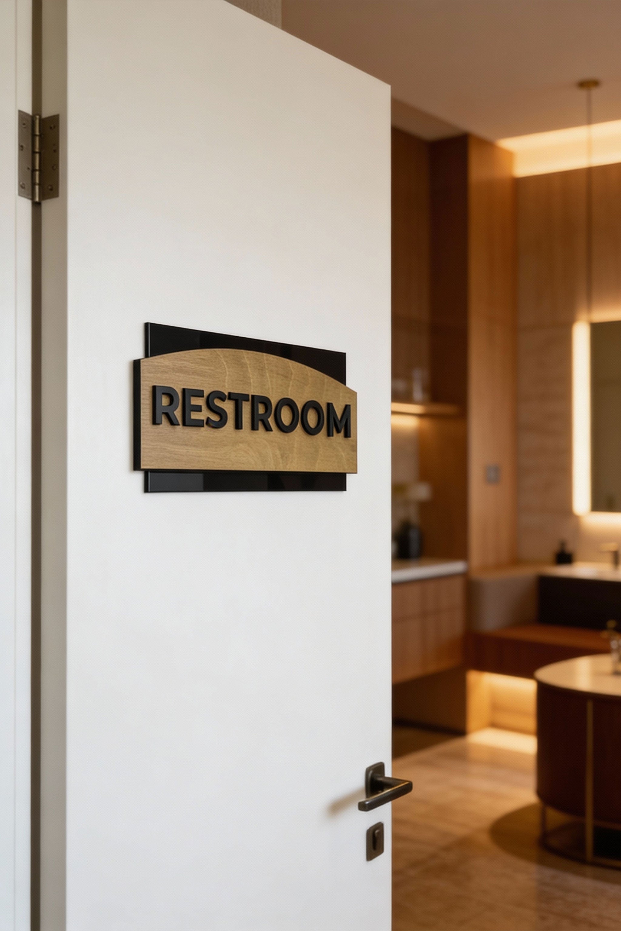 ALUMADESIGNCO designer door plaque with birch wood finish and black acrylic text, custom signage for offices, hotels, apartments, and modern interiors