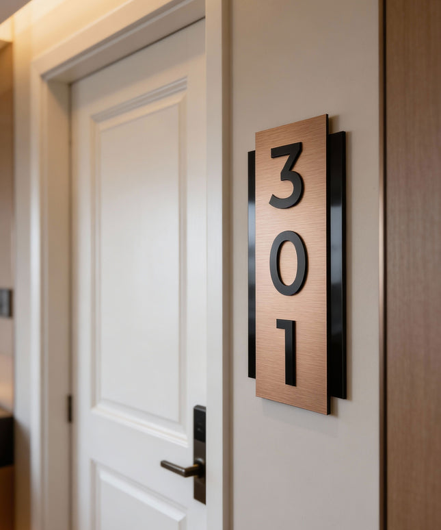 ALUMADESIGNCO vertical brushed bronze room number plaque with black acrylic glass characters, modern hotel door number signage for contemporary hotel corridors and apartments
