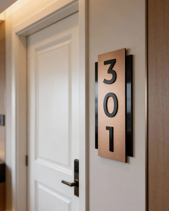 ALUMADESIGNCO vertical brushed bronze room number plaque with black acrylic glass characters, modern hotel door number signage for contemporary hotel corridors and apartments