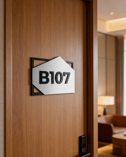 ALUMADESIGNCO condominium room number sign in brushed silver aluminum and black acrylic glass numbers, modern door signage for condos, apartments, and office interiors