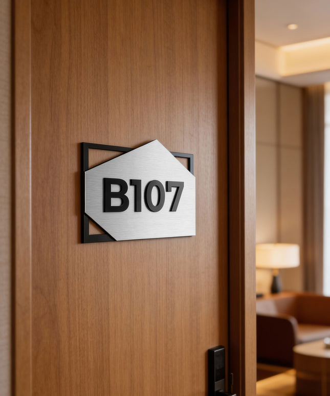 ALUMADESIGNCO condominium room number sign in brushed silver aluminum and black acrylic glass numbers, modern door signage for condos, apartments, and office interiors