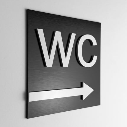 ALUMADESIGNCO WC arrow right sign with modern directional design, premium restroom wayfinding signage for offices, hotels, cafés, and commercial interiors