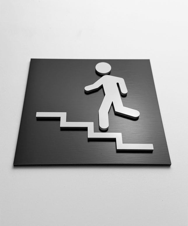 ALUMADESIGNCO stair direction sign for doors and walls with up left arrow, premium wayfinding signage for offices, hotels, apartments, and commercial spaces