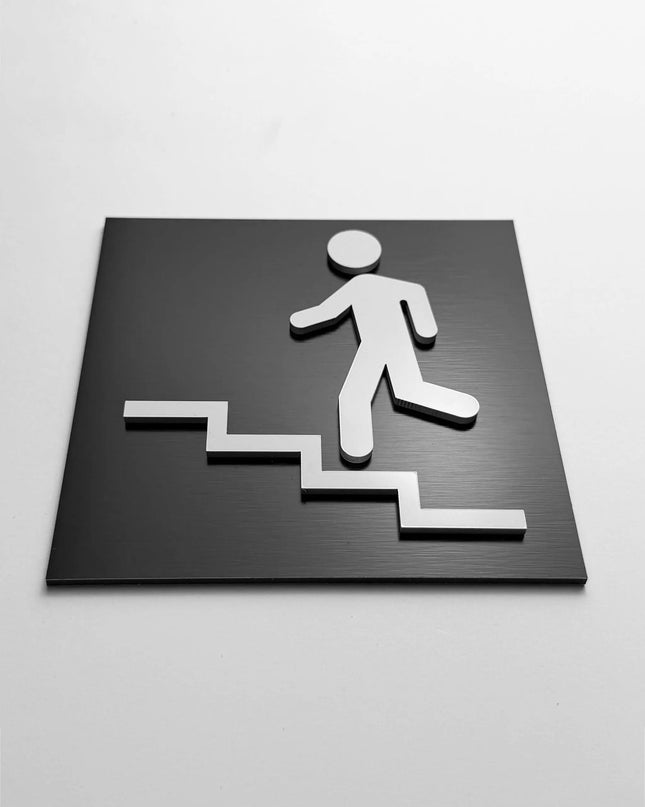 ALUMADESIGNCO stair direction sign for doors and walls with up left arrow, premium wayfinding signage for offices, hotels, apartments, and commercial spaces