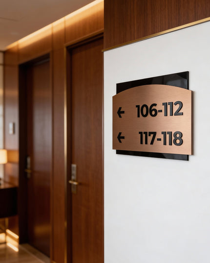 ALUMADESIGNCO brushed bronze and acrylic directional plaque with minimalist modern design, elegant signage for offices, apartments, hotels, and commercial buildings