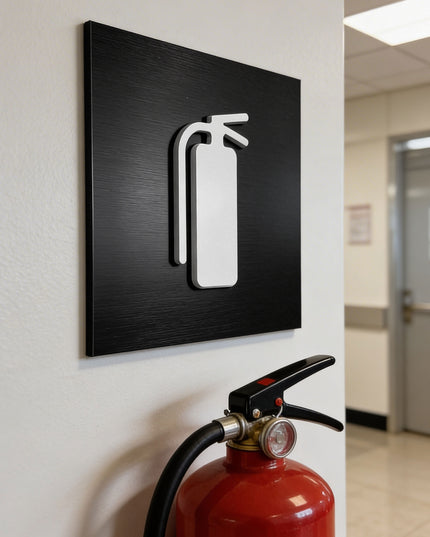 ALUMADESIGNCO emergency fire safety sign for extinguisher locations, premium safety signage for offices, hotels, warehouses, and commercial spaces