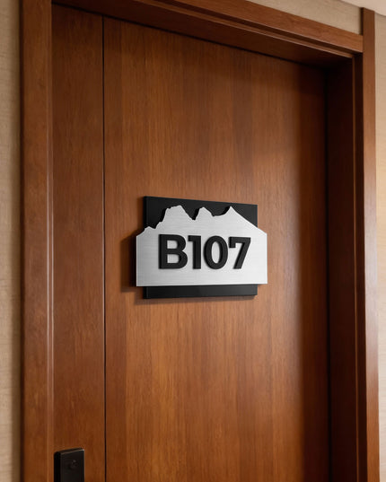 Premium Alpine Design suite number sign by ALUMADESIGNCO combining wood base and acrylic numbers, stylish door signage for hotel suites and contemporary interiors
