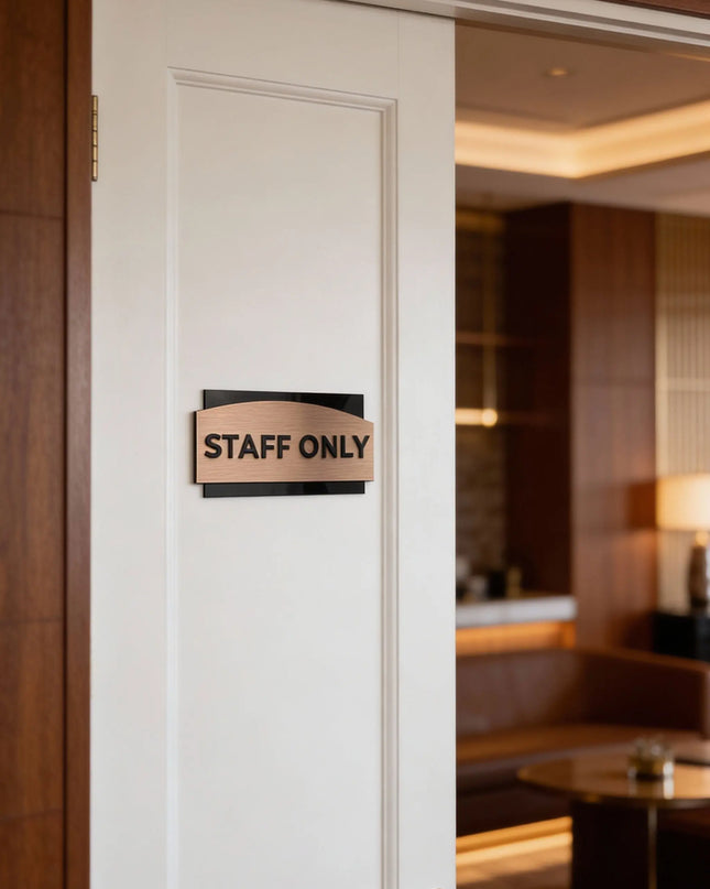 ALUMADESIGNCO premium custom office door sign with brushed bronze plaque and black acrylic lettering, modern signage for offices, hotels, apartments, and interior spaces
