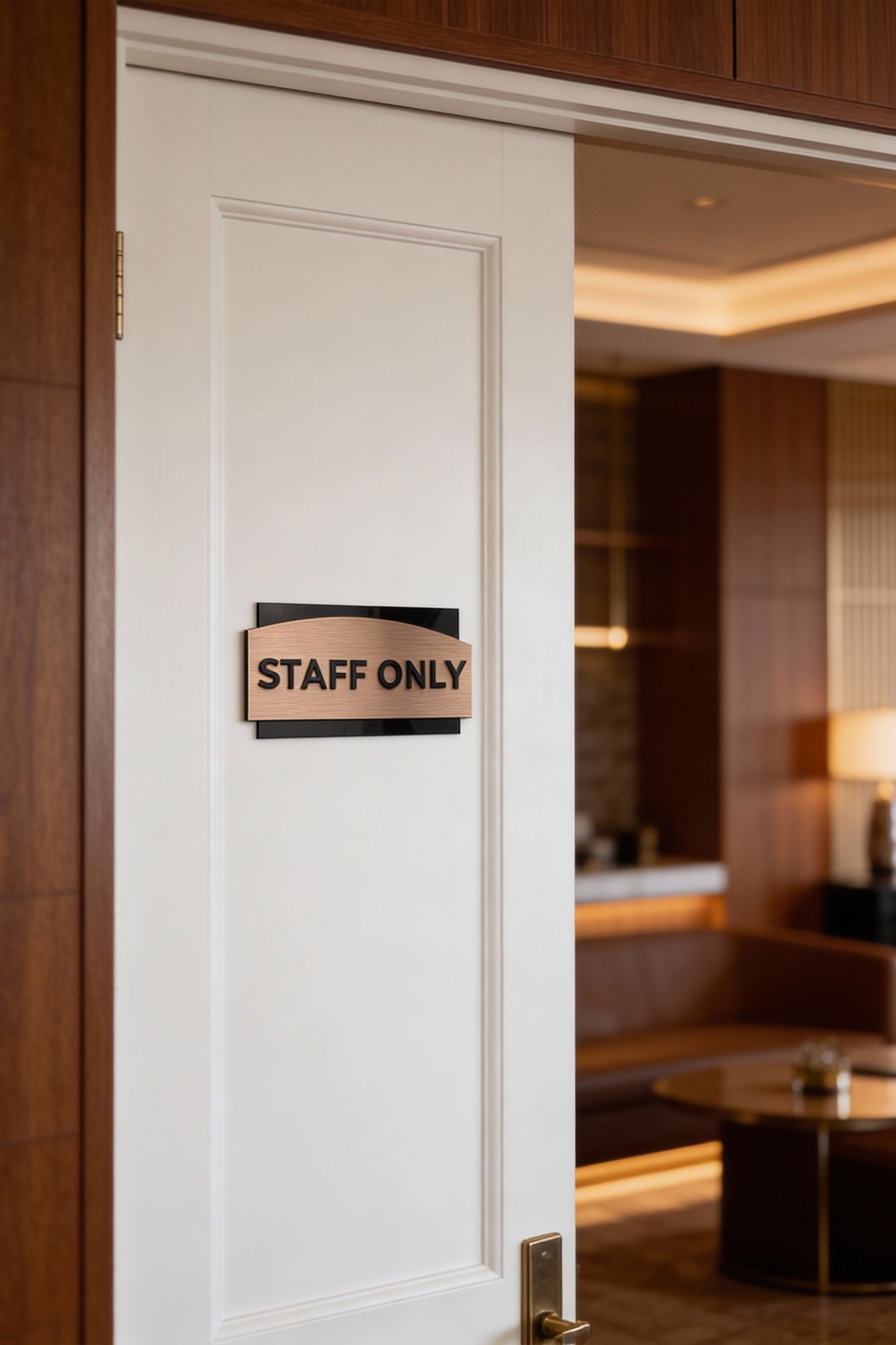 ALUMADESIGNCO premium custom office door sign with brushed bronze plaque and black acrylic lettering, modern signage for offices, hotels, apartments, and interior spaces