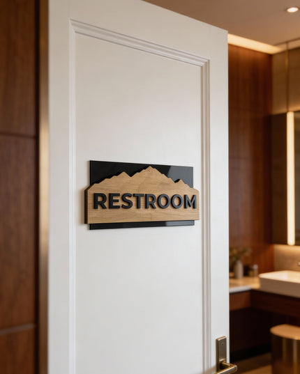 ALUMADESIGNCO custom birch wood and black acrylic wall door sign with minimalist modern design, premium signage for offices, apartments, and hotels