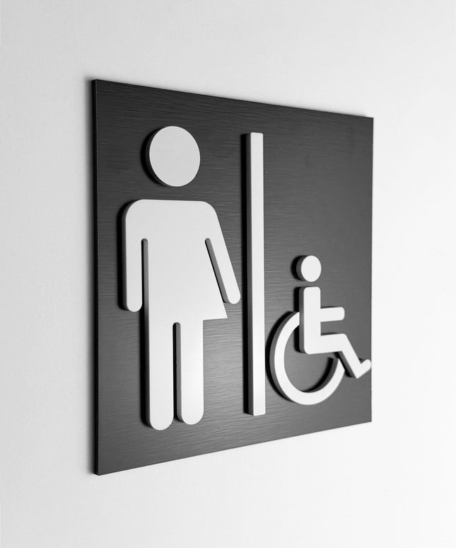 ALUMADESIGNCO gender neutral toilet sign for doors, premium inclusive restroom wayfinding signage for offices, hotels, apartments, and commercial spaces