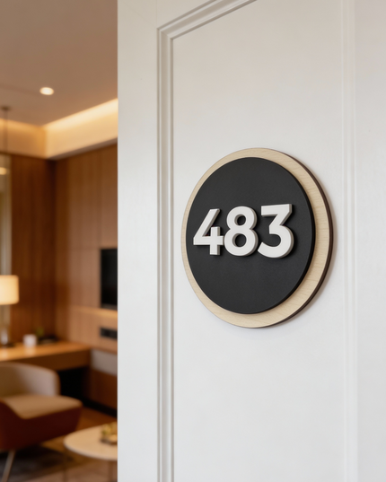 ALUMADESIGNCO round hotel door number sign made from natural birch wood and black acrylic numbers, modern wood and acrylic room number plaque for hotels, apartments, and Airbnb interiors