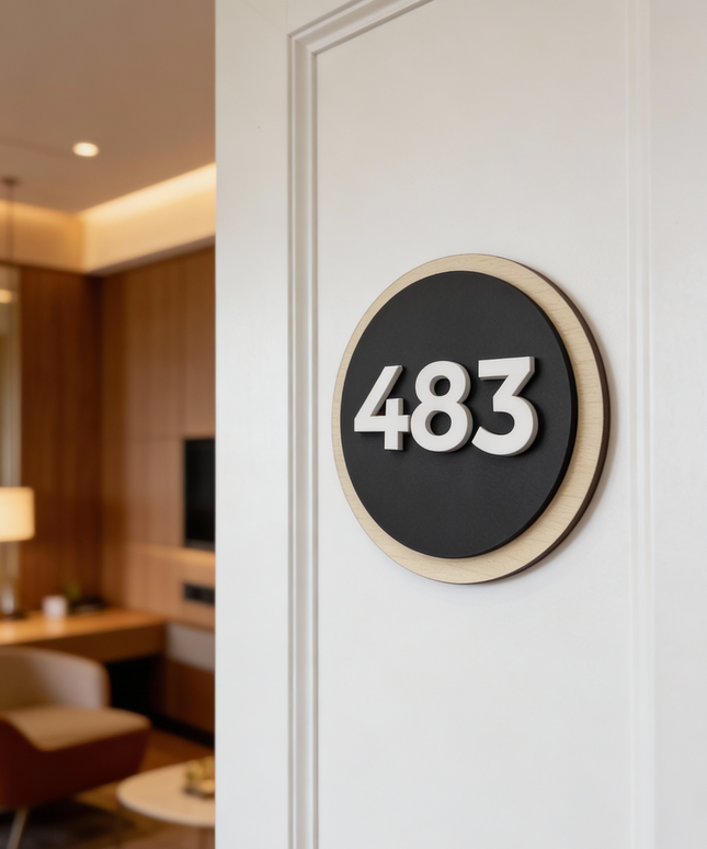 ALUMADESIGNCO round hotel door number sign made from natural birch wood and black acrylic numbers, modern wood and acrylic room number plaque for hotels, apartments, and Airbnb interiors