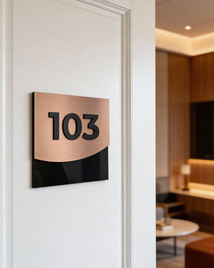 ALUMADESIGNCO contemporary suite number sign with bronze metal plaque and black acrylic glass numbers, modern door signage for hotel suites, apartments, and offices