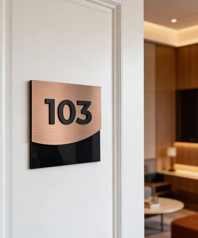 ALUMADESIGNCO contemporary suite number sign with bronze metal plaque and black acrylic glass numbers, modern door signage for hotel suites, apartments, and offices