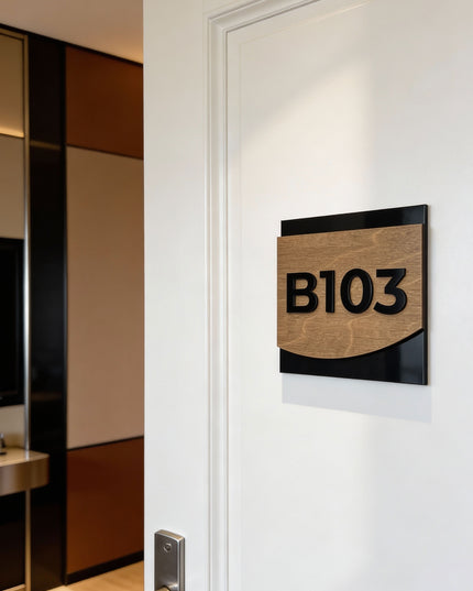 Modern Flow Design custom hotel door number plaque by ALUMADESIGNCO combining natural birch wood and acrylic numbers, elegant signage for hotel rooms and corridors