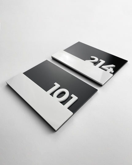 Premium Horizon black room number sign by ALUMADESIGNCO featuring raised acrylic numbers, modern signage for hotels, Airbnb properties, and offices