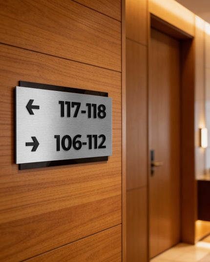 ALUMADESIGNCO custom directional sign in Modern Design with brushed silver plaque and black acrylic text, premium wayfinding signage for offices, hotels, apartments, and commercial interiors