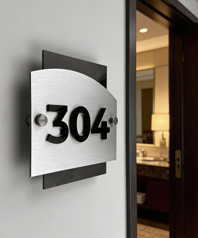 ALUMADESIGNCO Flow Design brushed silver hotel room number sign with raised 3D black acrylic numbers, modern door number plaque for boutique hotels and apartment interiors