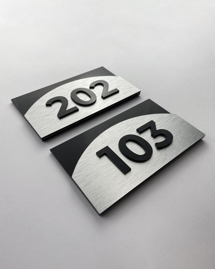 Brushed silver 3D apartment number sign with acrylic numbers Flow Design by ALUMADESIGNCO, modern door signage for apartments and condos