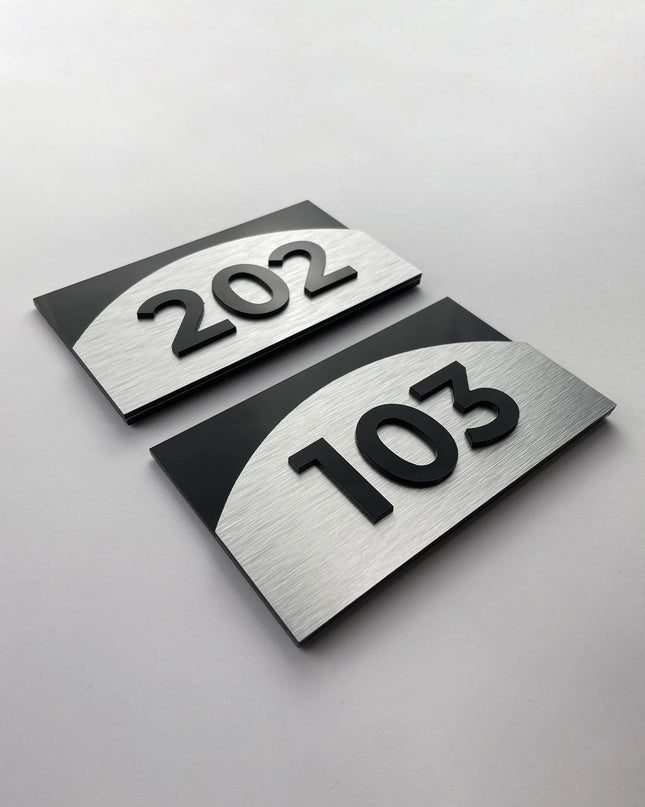 Brushed silver 3D apartment number sign with acrylic numbers Flow Design by ALUMADESIGNCO, modern door signage for apartments and condos