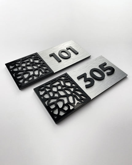 Modern room number plaque Mosaic Design by ALUMADESIGNCO featuring stylish materials and raised numbers, elegant door signage for hotel rooms and apartment interiors