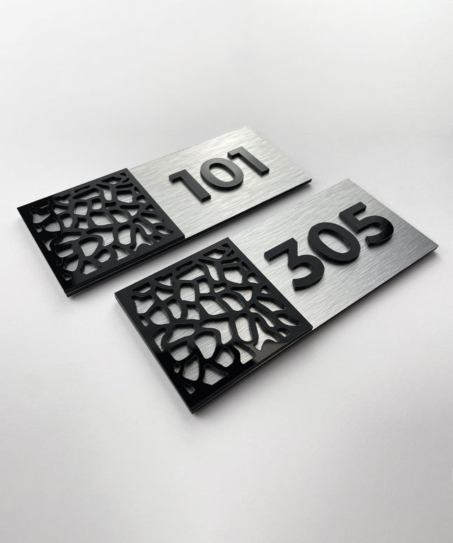Modern room number plaque Mosaic Design by ALUMADESIGNCO featuring stylish materials and raised numbers, elegant door signage for hotel rooms and apartment interiors