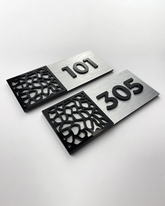 Modern room number plaque Mosaic Design by ALUMADESIGNCO featuring stylish materials and raised numbers, elegant door signage for hotel rooms and apartment interiors