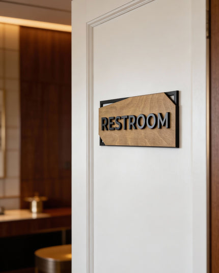 ALUMADESIGNCO custom birch wood and black acrylic door sign with clean minimalist design, premium signage for offices, apartments, and hotels