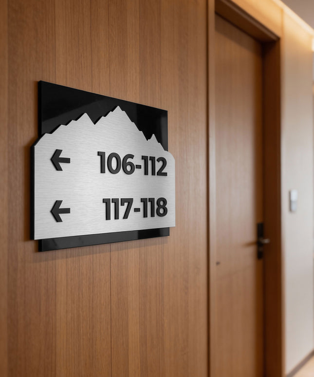 ALUMADESIGNCO Alpine Design brushed silver and black acrylic wayfinding sign, premium directional wall signage for offices, hotels, apartments, and contemporary interiors