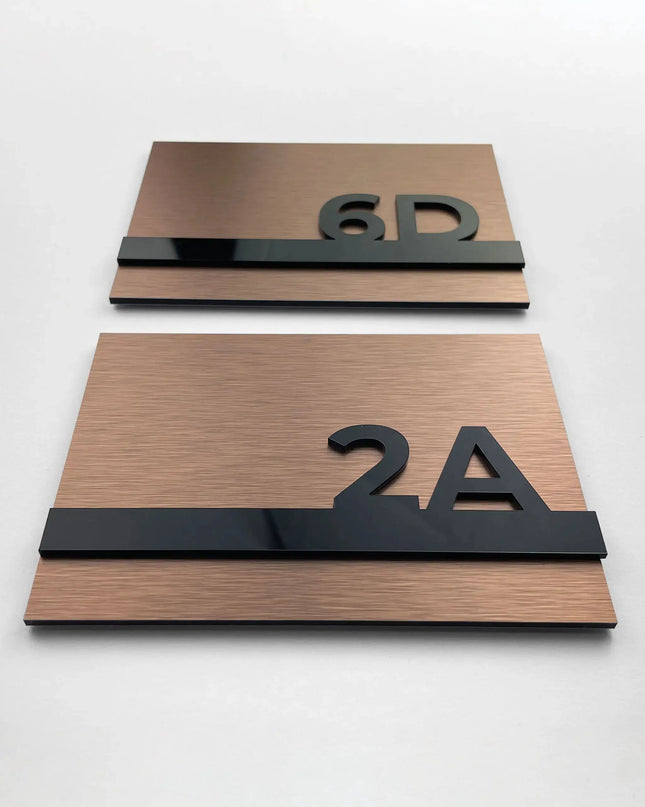 3D acrylic room number sign Horizon Design by ALUMADESIGNCO featuring raised numbers, modern door plaque for hotel rooms and apartment interiors