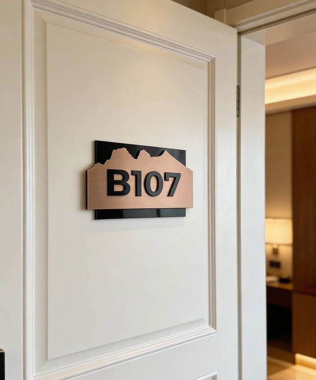 Modern Alpine Design custom hotel room number plaque by ALUMADESIGNCO combining wood base and acrylic numbers, stylish door signage for hotels and apartments