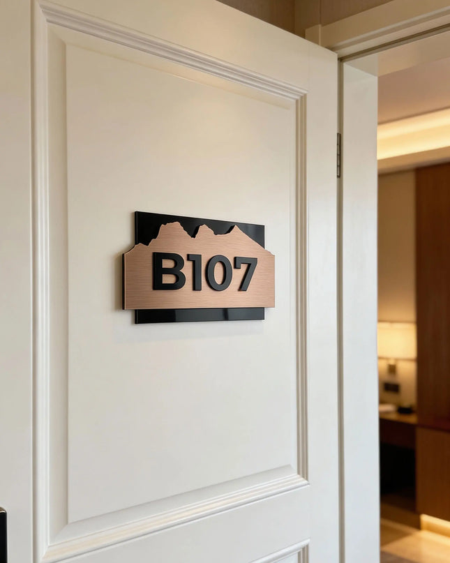 Modern Alpine Design custom hotel room number plaque by ALUMADESIGNCO combining wood base and acrylic numbers, stylish door signage for hotels and apartments