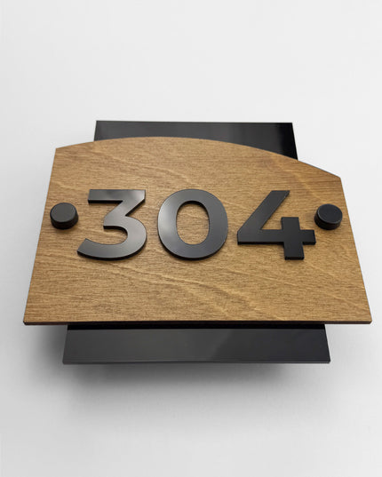 ALUMADESIGNCO Flow Design standoff wood and acrylic door number sign with raised numbers, modern signage for hotel corridors and apartment buildings