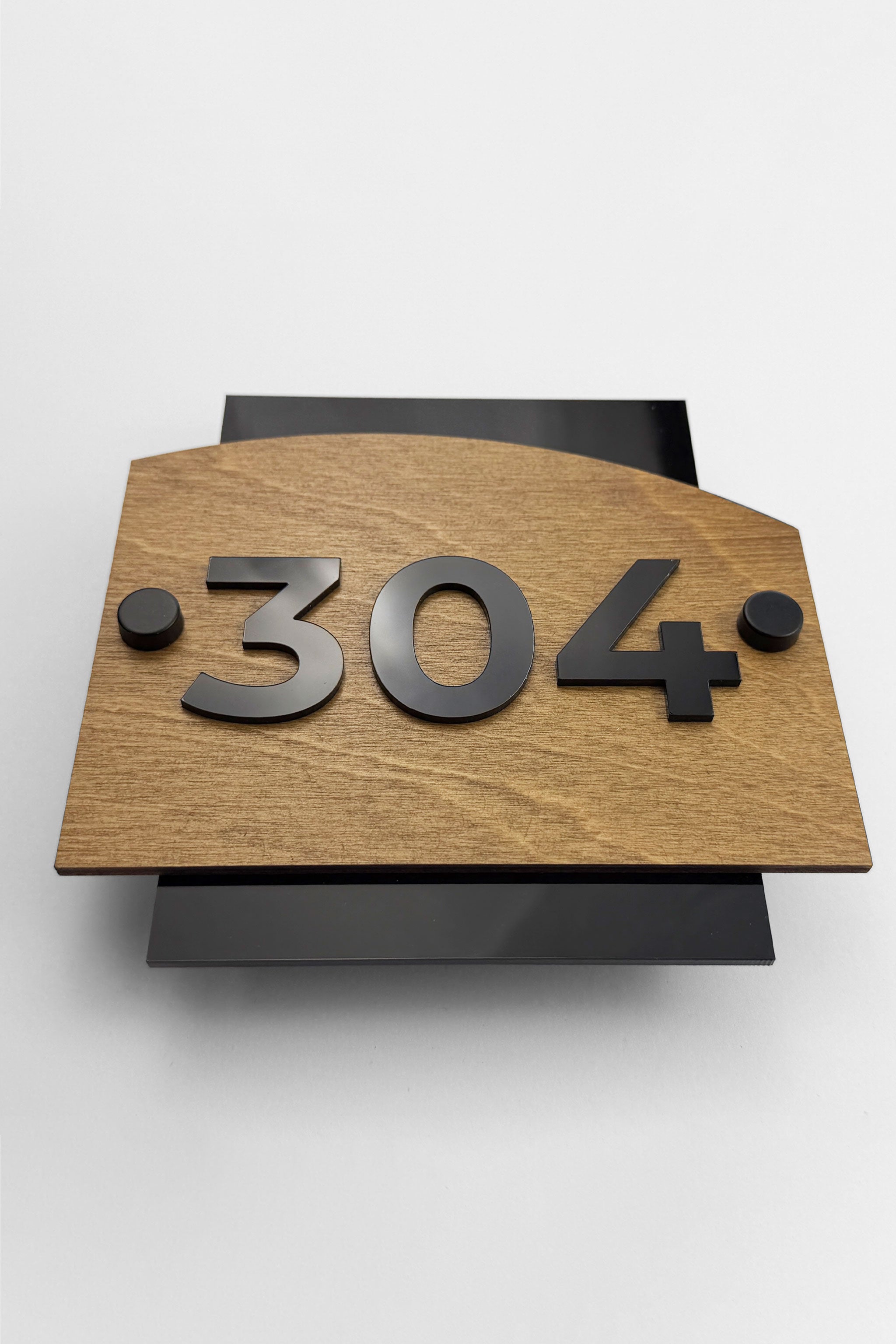 ALUMADESIGNCO Flow Design standoff wood and acrylic door number sign with raised numbers, modern signage for hotel corridors and apartment buildings