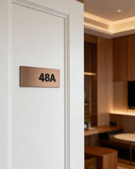 ALUMADESIGNCO Classic Design brushed bronze apartment number sign with raised acrylic numbers, modern door signage for apartments, hotels, Airbnb properties, and offices
